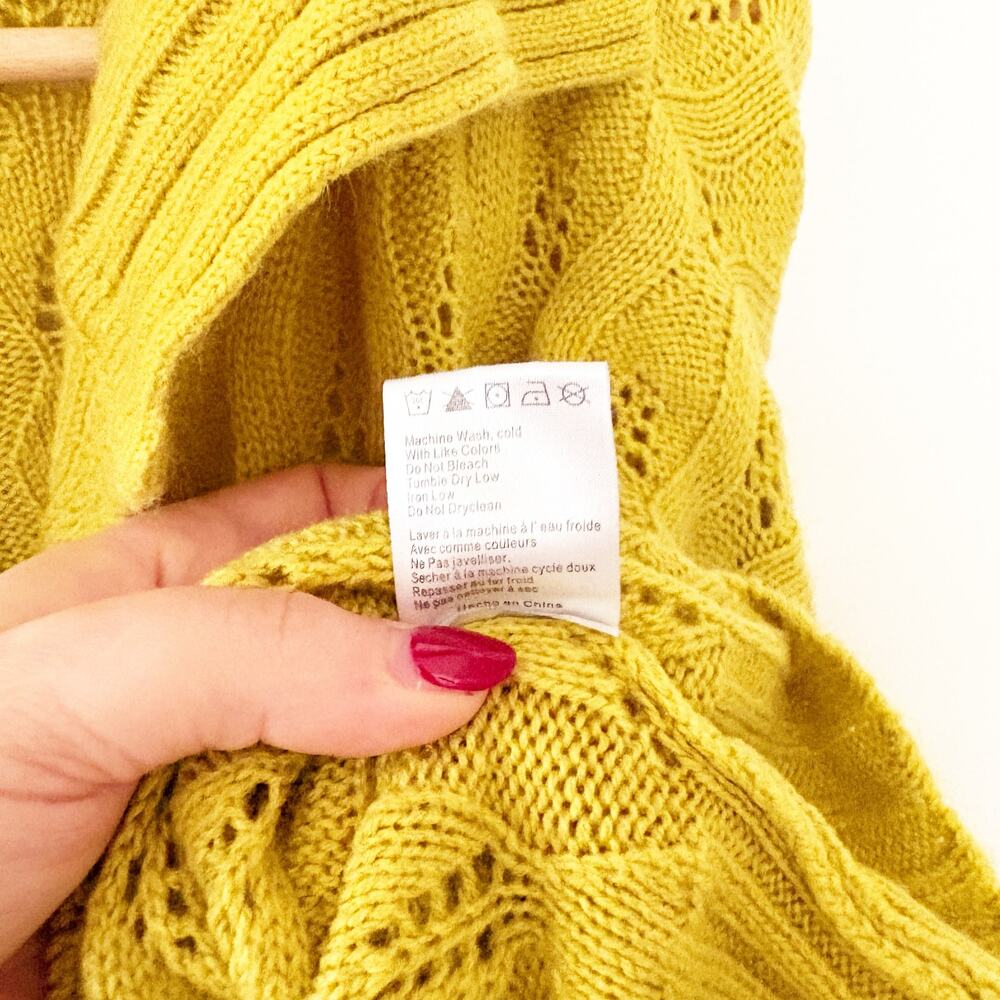 Find Me Now Cable Knit Sweater Chartreuse Cropped Eyelet Cozy Pullover Size L - Picture 5 of 7